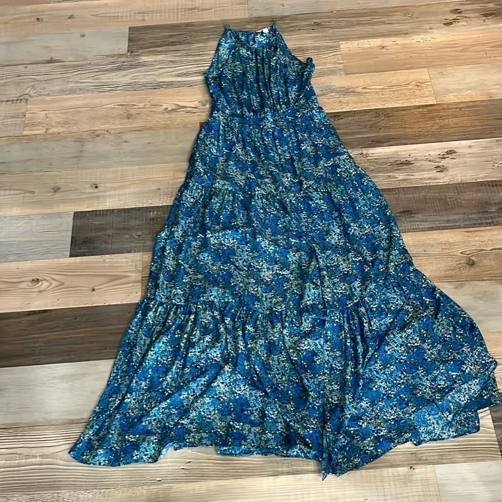 Belle and Sky Blue Floral Maxi Dress with front split and side zip sleeveless